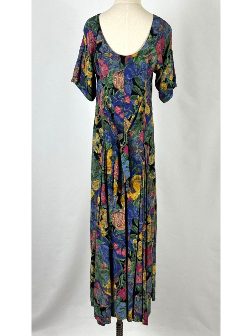 Vtg 90s Olive Painted Floral Maxi Dress Sz L Tie Back Rayon Pleated Artsy Whimsy - Picture 8 of 13